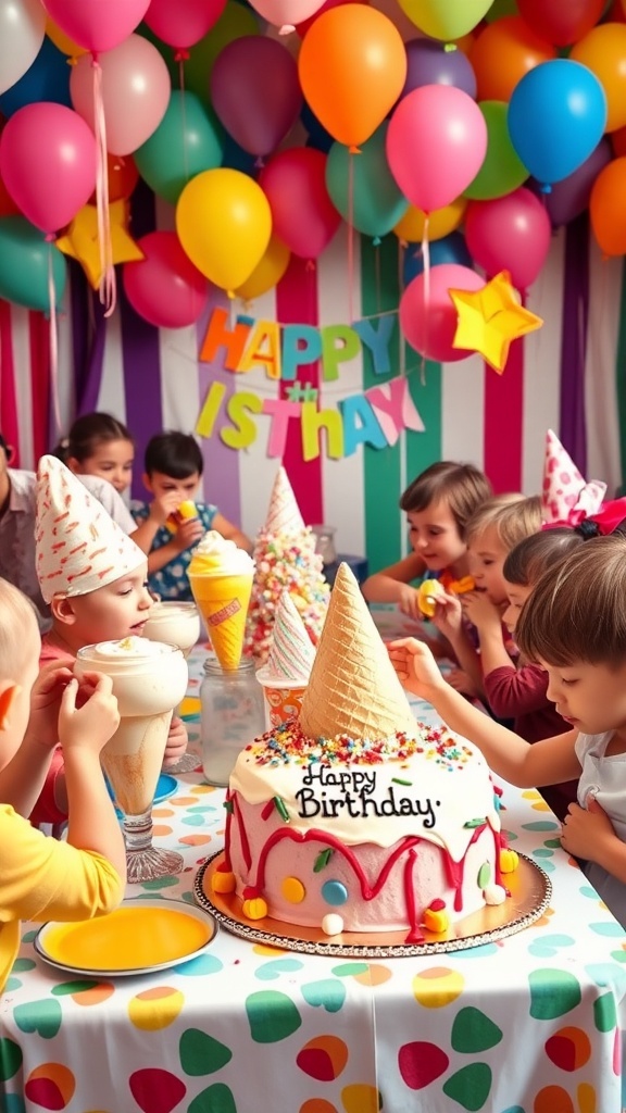 Children enjoying an ice cream birthday party with a sundae bar and colorful decorations.
